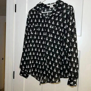 American Rag Cie Long Sleeve Shirt Blouse Cats Sz XL Black Red Collar Kitty